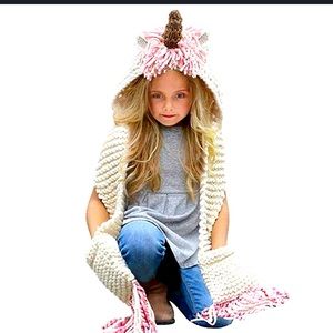 Kids Unicorn Scarf Hat Crochet girls Winter Mittens Head Warmer Beanie Snow
